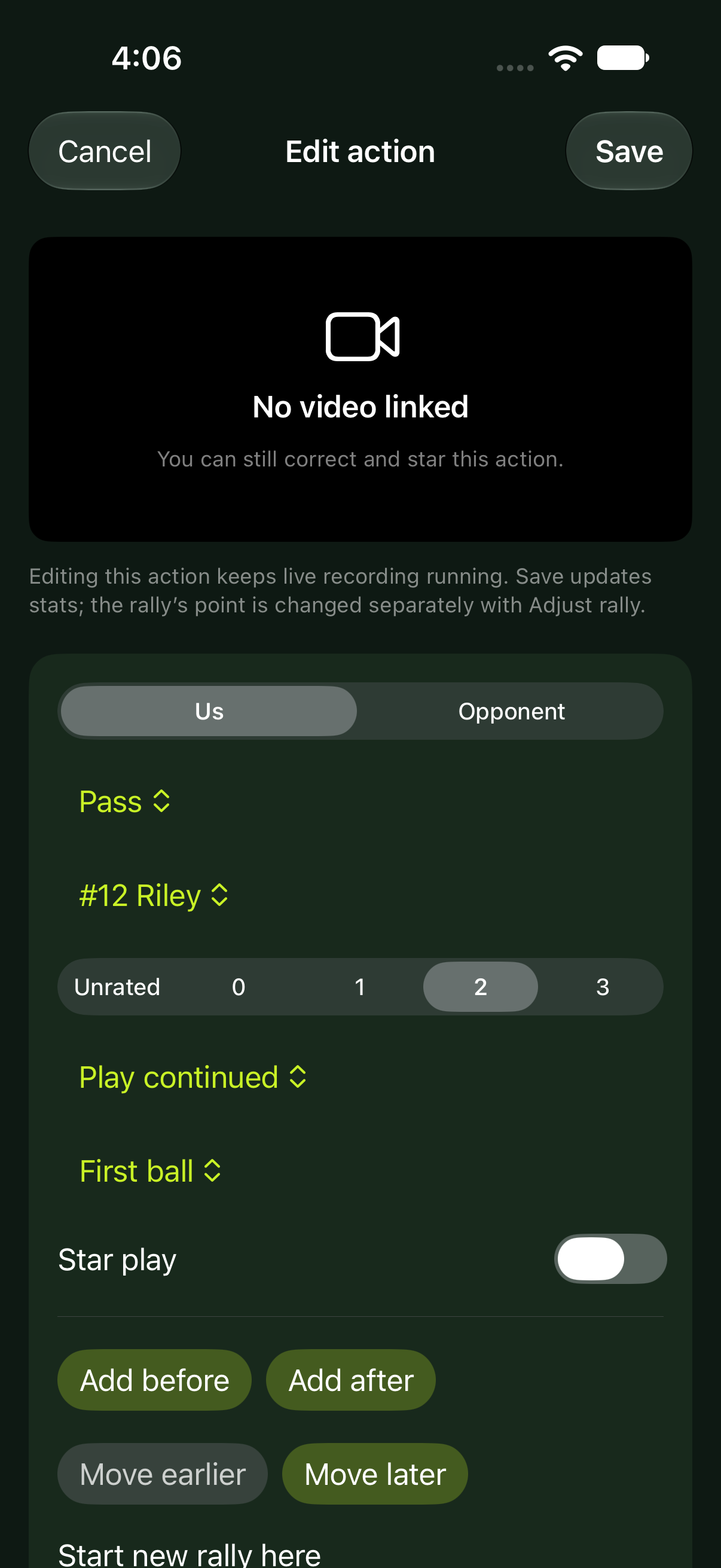 SideOut iPhone action editor mockup with the same volleyball court view as iPad replay