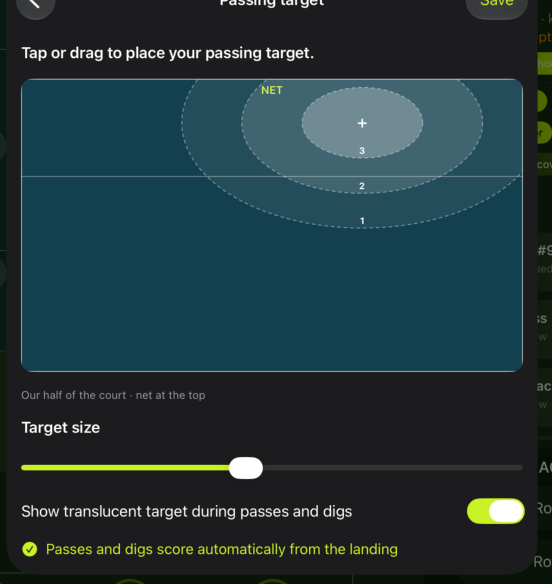 SideOut passing target settings: tap or drag to place the target, adjust target size, and show the translucent target during passes and digs.